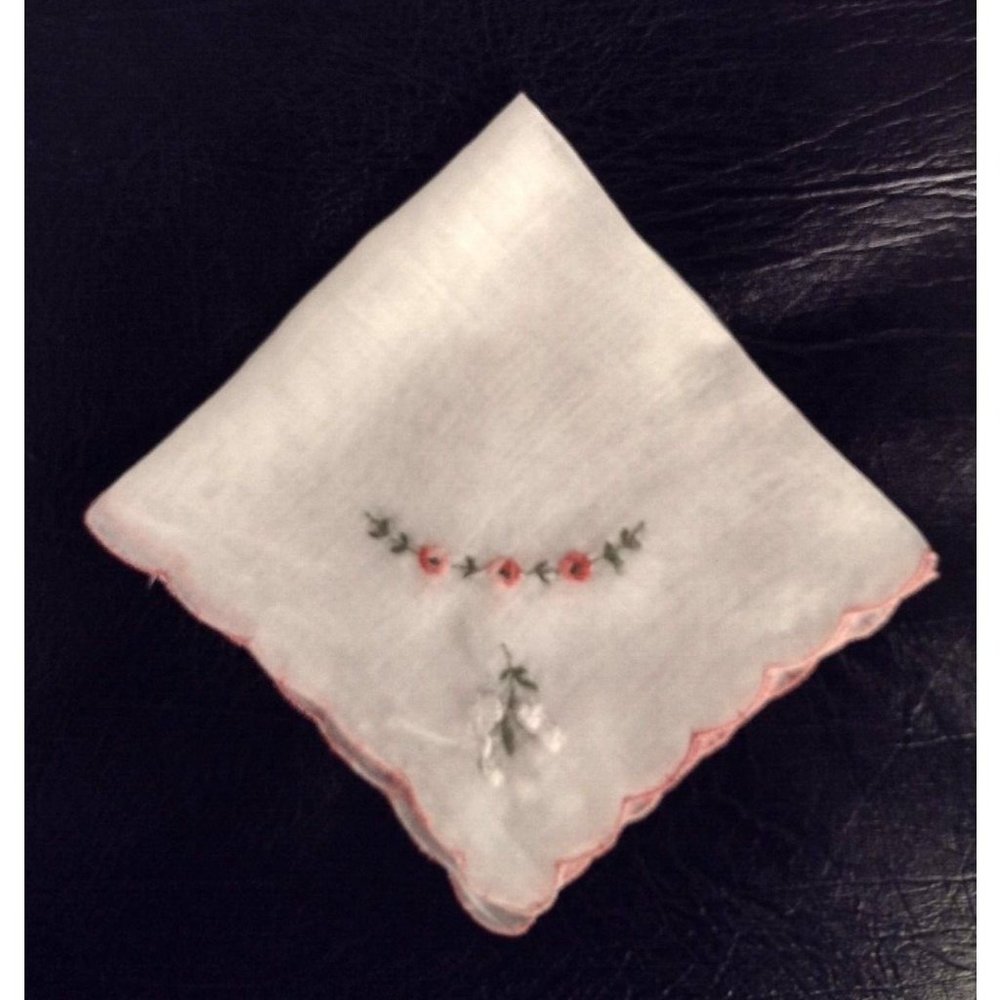 Vtg White with pink edging flowers Handkerchief Hanky